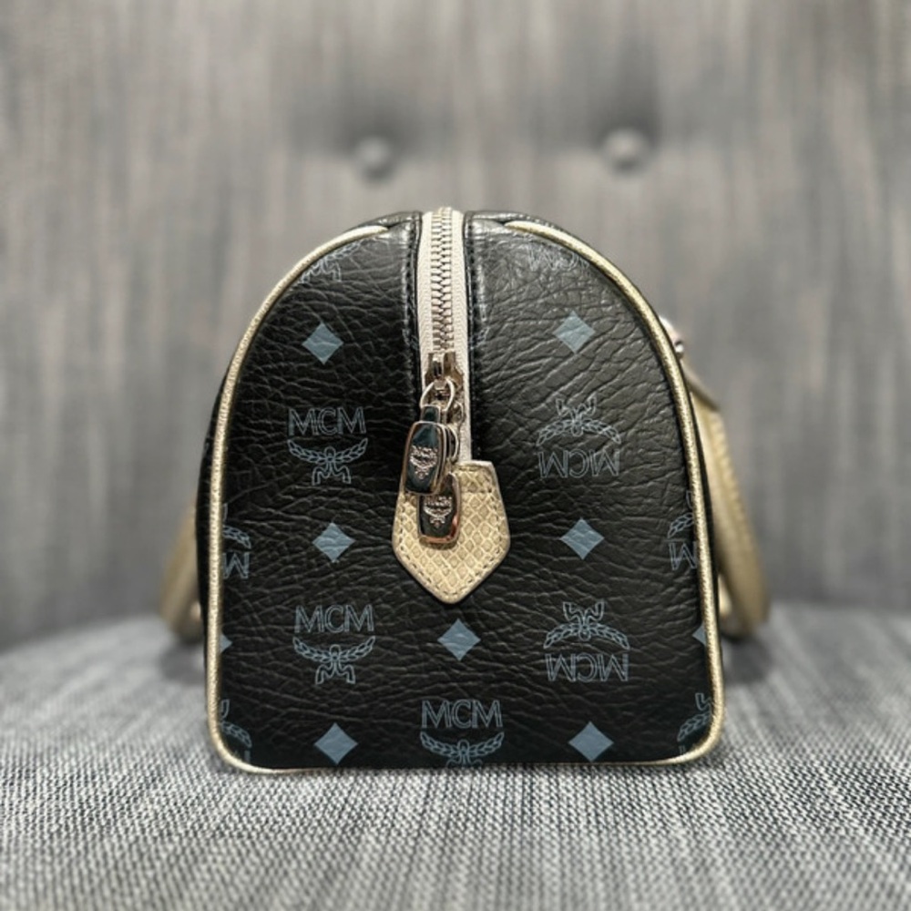 MCM Lion Visetos Boston Satchel Black Gold Leather Bag - Picture 12 of 16
